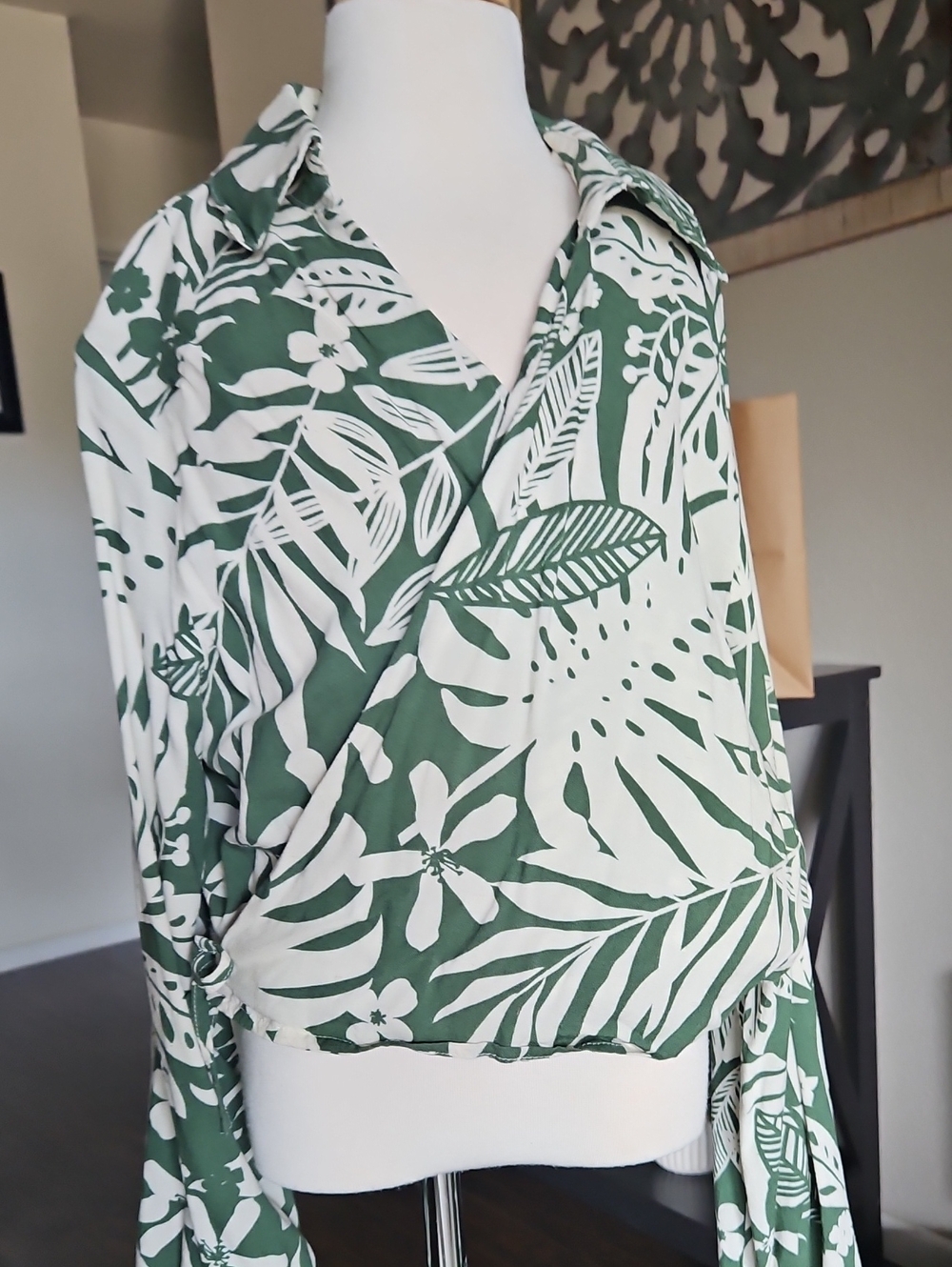Dress Forum Green and White Botanical Wrap Blouse